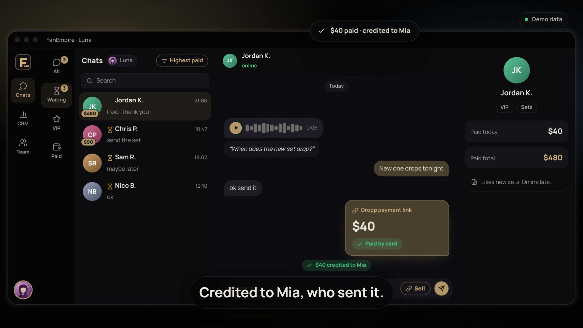 A frame from the FanEmpire film: a Dropp link paid by card and credited to Mia. Demo data.